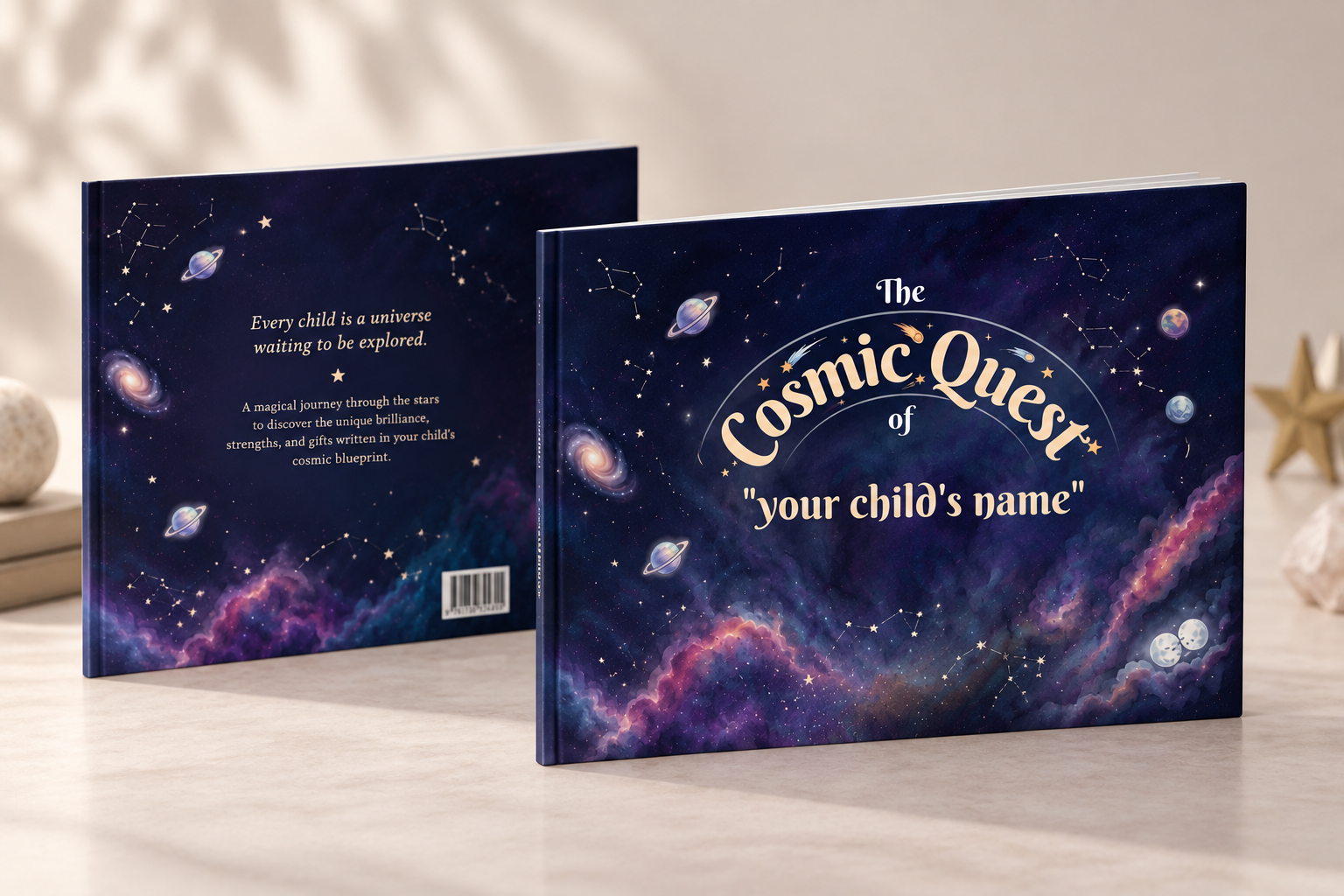 Cosmic Quest hardcover book, front and back covers with a starfield and the child's name on the cover